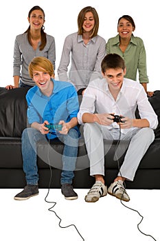 Teenagers playing with playstation