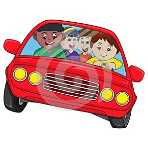 Teenagers are riding in the red car cartoon vector illustration