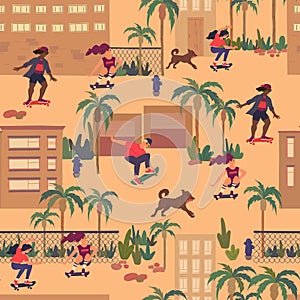 Teenagers riding skateboard in the city flat vector seamless pattern. Skaterboy and skategirls with running dog among