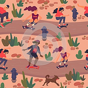 Teenagers riding skateboard in park on wavy road flat vector seamless pattern. Skaterboy and skategirls with running dog