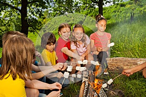 Teenagers sitting near bonfire with marshmallow