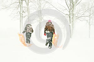 Teenagers with sleds in forest