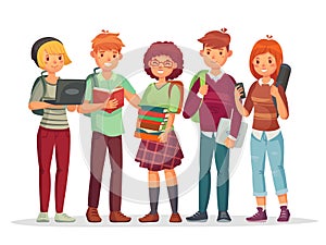 Teenagers students group. Young teens highschool student friends learning together. Teenager with school backpack vector photo