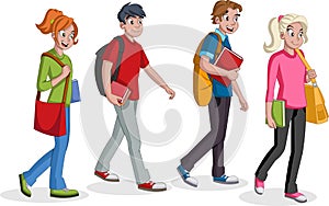 Teenagers students walking. Cartoon young people.