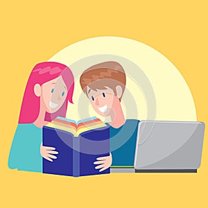 teenagers study with the help of books and computer