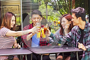 Teenagers toasting beverages in restaurant