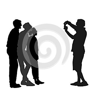 Teenagers tourists crew taking picture on vacation vector silhouette illustration isolated.
