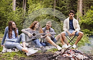 Teenagers wit a guitar camping in forest.