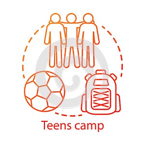 Teens camp concept icon. Summer youngster club, community idea thin line illustration. Teenager holiday resort. Sports
