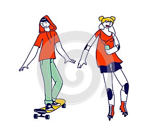 Teens Couple Isolated on White Background. Teen Boy Riding Skateboard, Teenage Girl in Fashioned Clothes with Mobile