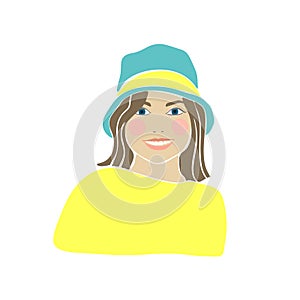 Teens girl drawn hat in trendy style. Lifestyle people. Beautiful female fashion face vector illustration. Cute