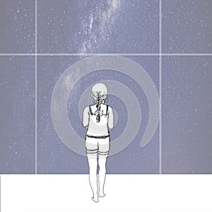 Teens Girl standing alone in front of the galaxy