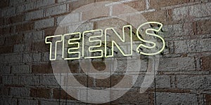 TEENS - Glowing Neon Sign on stonework wall - 3D rendered royalty free stock illustration photo