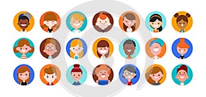 Teens and kids avatar collection. Cute children, boys and girls faces, Colorful user pic icons. Flat design style cartoon