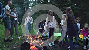 Teens playing having fun near campfire.