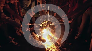 Teens roasting marshmallows on campfire.