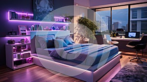 Teens room with big bed at night, futuristic design with purple neon light. Modern home interior of city apartment. Concept of