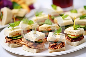 teeny bbq sandwiches for a party, white plates