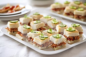teeny bbq sandwiches for a party, white plates