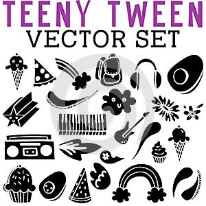Teeny Tween Vector Set with pizza, ice cream, rainbows, backpacks, headsets, guitars, keyboards, and cupcakes.