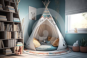 teepee with bookshelf and reading nook, perfect for quiet time or storytime