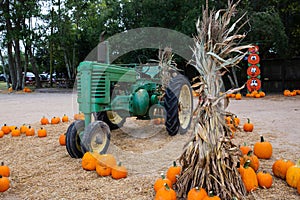 A teepee of dried corn husks at a fall festival with pumpkins and an antique tractor behind it