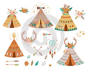 Teepee tents and arrows collection. Native american teepee set, flowers, horns, dreamcather hipster summer adventure