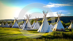 Teepees stand In native american encampment.