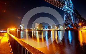 Tees Transporter Bridge under the colorful lights at night in Middlesbrough, United Kingdom