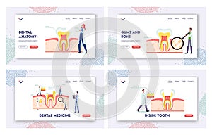 Teeth Anatomy and Structure Landing Page Template Set. Tiny Dentists Characters at Huge Tooth Infographics