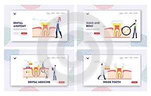 Teeth Anatomy and Structure Landing Page Template Set. Tiny Dentists Characters at Huge Tooth Infographics photo