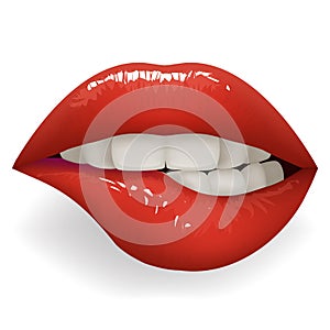 Teeth biting red glossy lips female mouth stylish women lipstick fashion cosmetics mockup isolated on white design