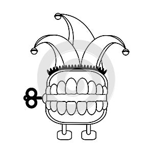 Teeth box joke with jester hat cartoon in black and white