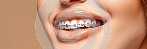 Teeth with braces, close up, suitable for dental treatment concept and orthodontic care advertising.