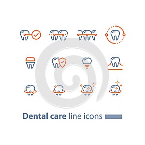 Teeth braces, dental care, stomatology services, cleaning and whitening, implant and crown, protection concept, line icons