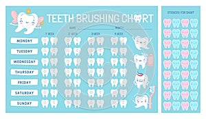 Teeth brushing chart calendar for kids with cartoon character. Cute tooth fairy, brush and paste. Children dental care