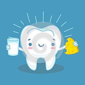 Teeth and calcium. Healthy tooth and milk products with high calcium, friendly cheese and milk, preventative habit