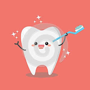 Teeth care and hygiene concept. Happy cute teeth superhero. Vector illustration.