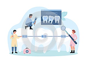 Teeth correction with metal braces on wire, orthodontics and stomatology by tiny people