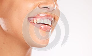 Teeth, dental and care for mouth with woman and smile, healthy gums and fresh breath with teeth whitening, lips against