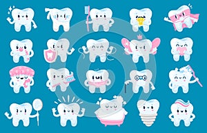 Teeth with face. Cartoon dental health and care fun characters, tooth mascot with happy face for dentistry posters and