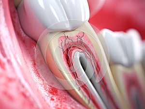 Teeth in gums with tooth anatomy detailed view. Generative AI