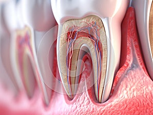 Teeth in gums with tooth anatomy detailed view. Generative AI