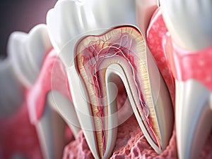 Teeth in gums with tooth anatomy detailed view. Generative AI