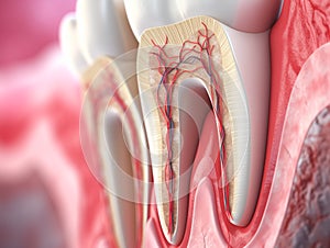 Teeth in gums with tooth anatomy detailed view. Generative AI