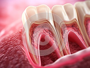 Teeth in gums with tooth anatomy detailed view. Generative AI