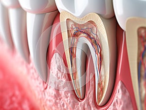 Teeth in gums with tooth anatomy detailed view. Generative AI