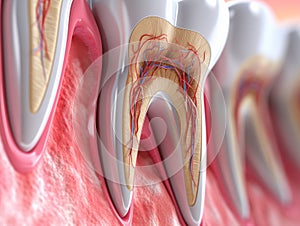 Teeth in gums with tooth anatomy detailed view. Generative AI