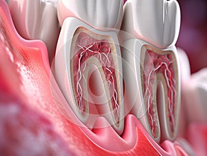 Teeth in gums with tooth anatomy detailed view. Generative AI