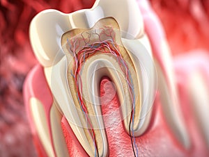 Teeth in gums with tooth anatomy detailed view. Generative AI